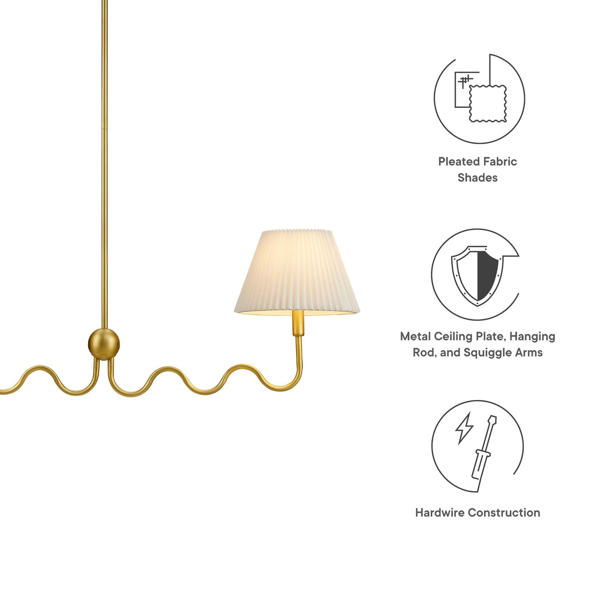 Wave Squiggle 2-Arm Pendant Light by Modway, brass finish with pleated fabric shade on Tampa Home & Garden Store