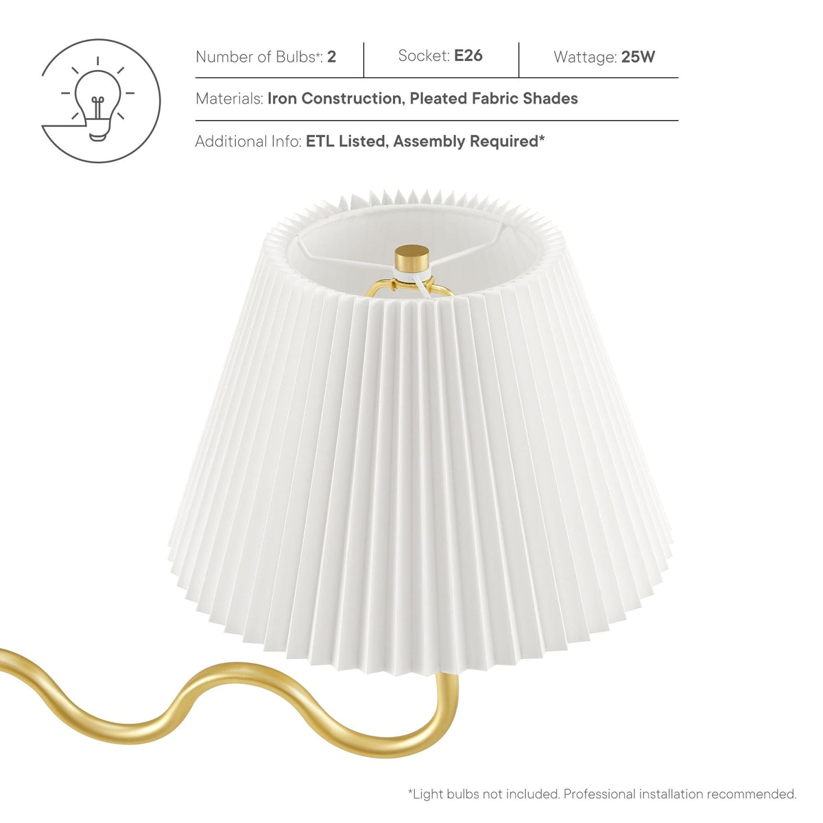 Wave Squiggle 2-Arm Pendant Light with white pleated shade and gold arms by Modway on Tampa Home & Garden Store