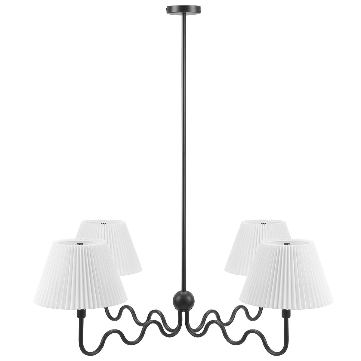 Wave Squiggle 4-Arm Pendant Light with four white pleated shades on a black wavy frame on Tampa Home & Garden Store