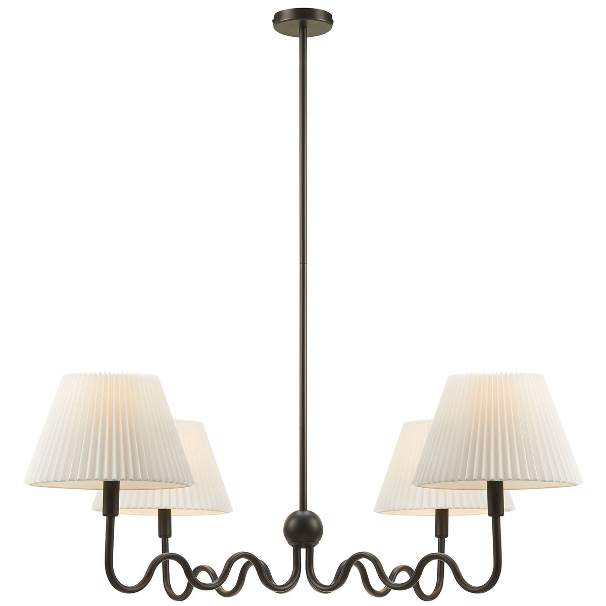 Wave Squiggle 4-Arm Pendant Light in dark bronze metal with white pleated shades, 4 arms on Tampa Home & Garden Store