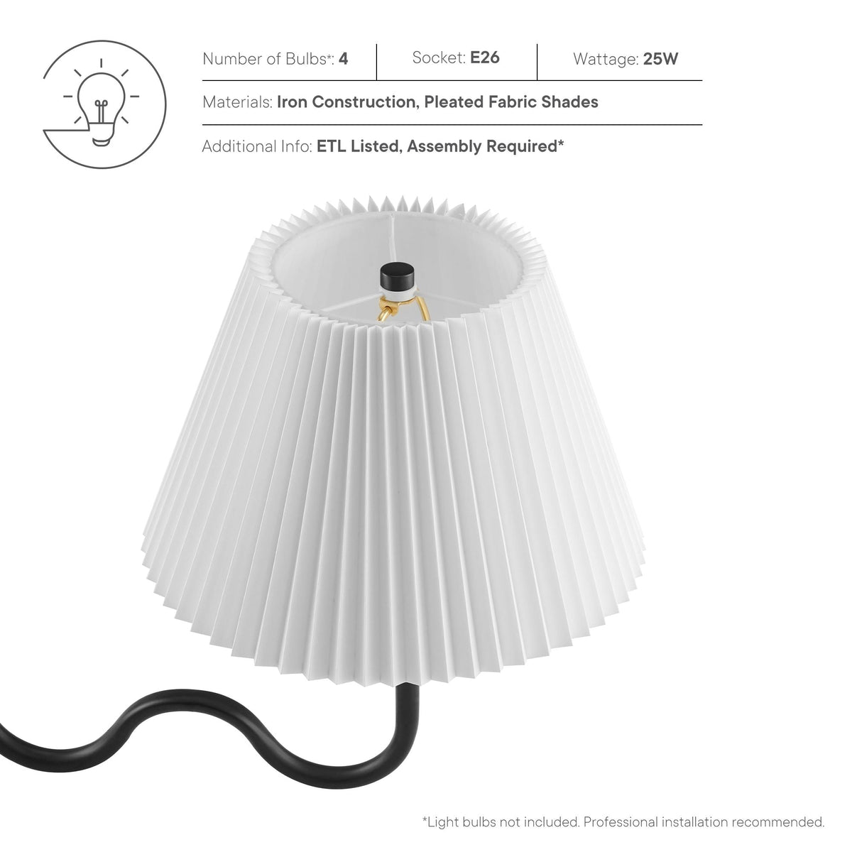 Wave Squiggle 4-Arm Pendant Light by Modway, white pleated shade, black cord, gold hardware on Tampa Home & Garden Store