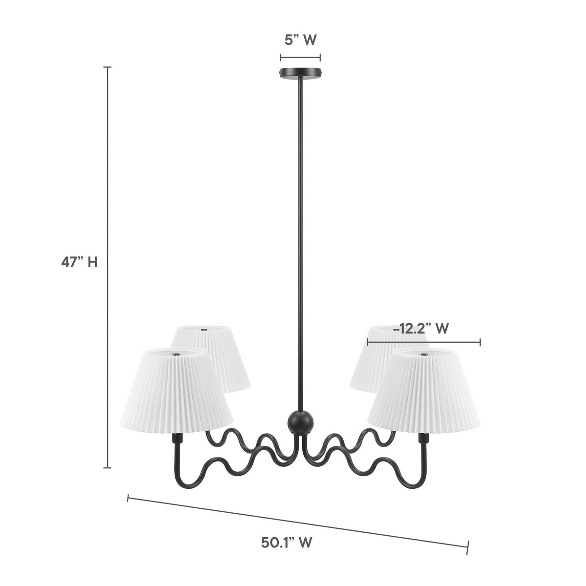 Wave Squiggle 4-Arm Pendant Light with 4 white pleated shades, black metal frame by HouseOfZazla on Tampa Home & Garden Store