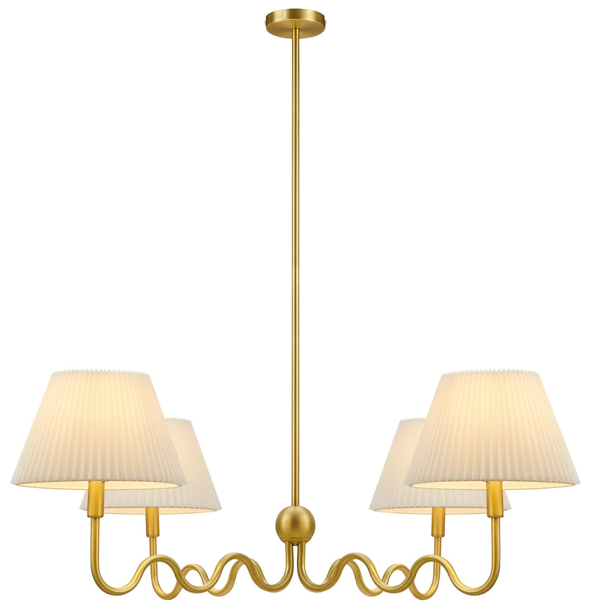 Wave Squiggle 4-Arm Pendant Light, gold metal chandelier with cream pleated shades by Modway on Tampa Home & Garden Store