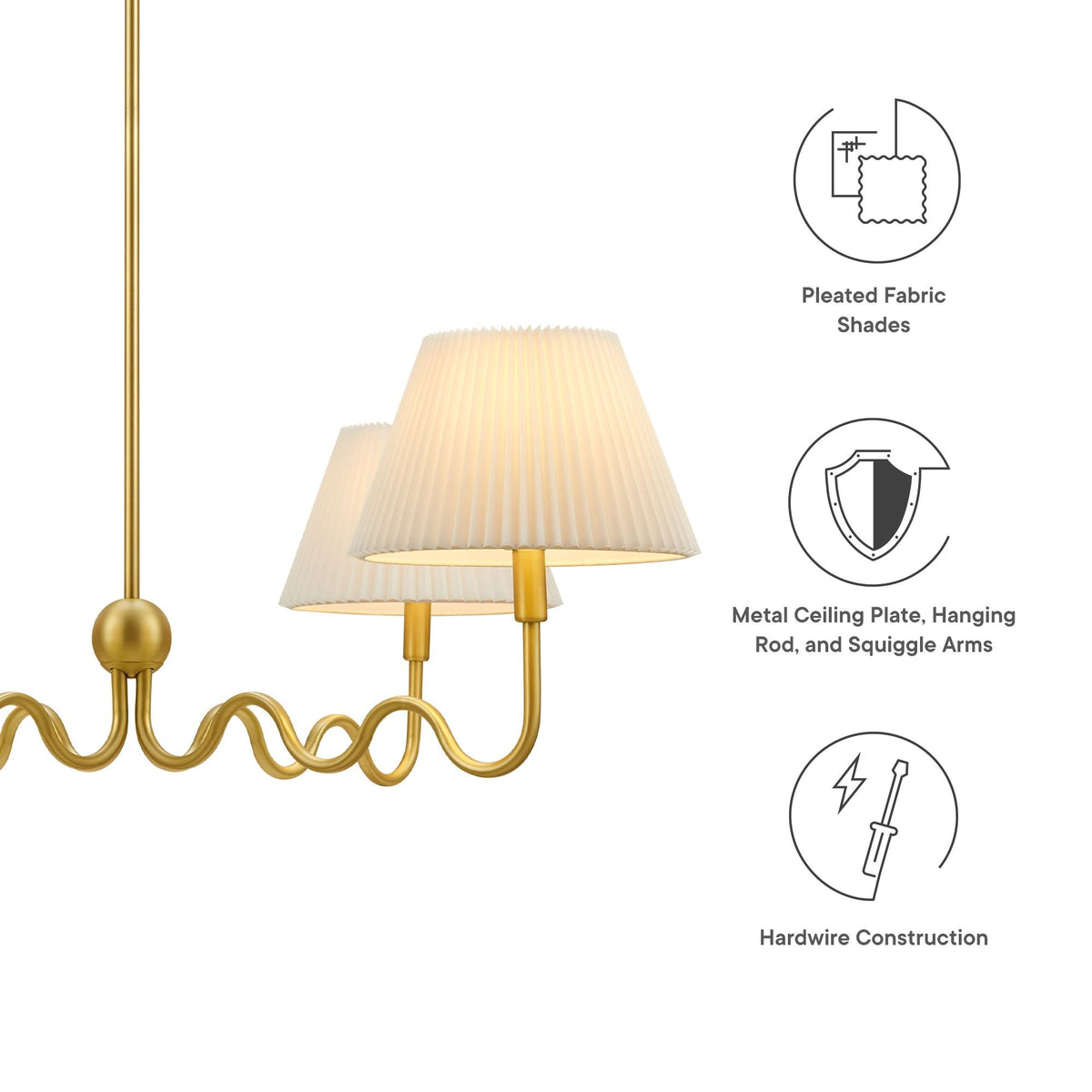 Wave Squiggle 4-arm pendant light in gold with pleated beige fabric shade by Modway on Tampa Home & Garden Store