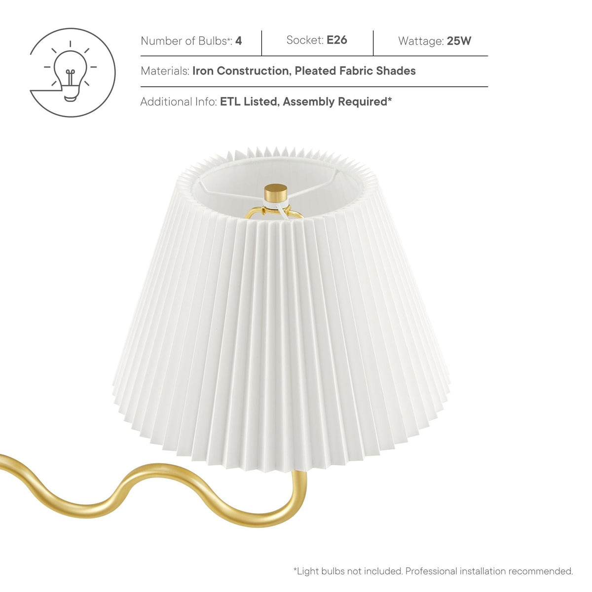 Wave Squiggle 4-Arm Pendant Light white pleated shade with gold curved arms on Tampa Home & Garden Store