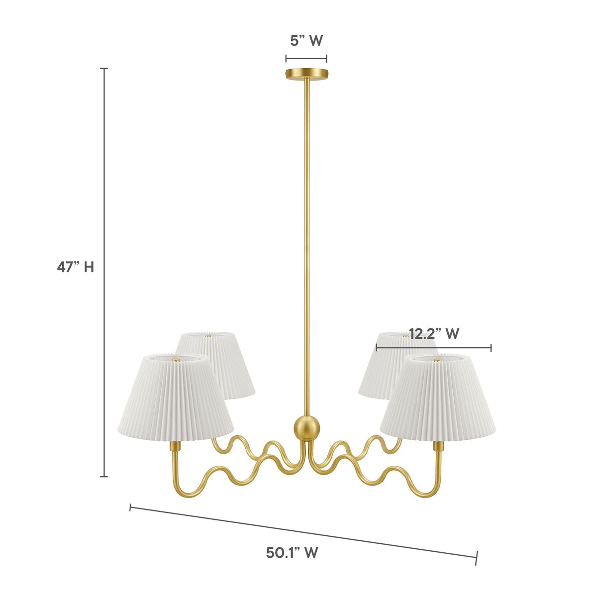 Wave Squiggle 4-Arm Pendant Light gold chandelier with white pleated shades HouseOfZazla on Tampa Home & Garden Store