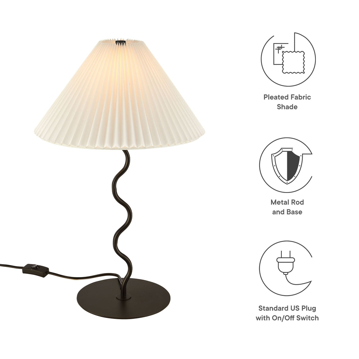 Wave Squiggle Table Lamp with white pleated fabric shade, black metal base, in-line switch on Tampa Home & Garden Store