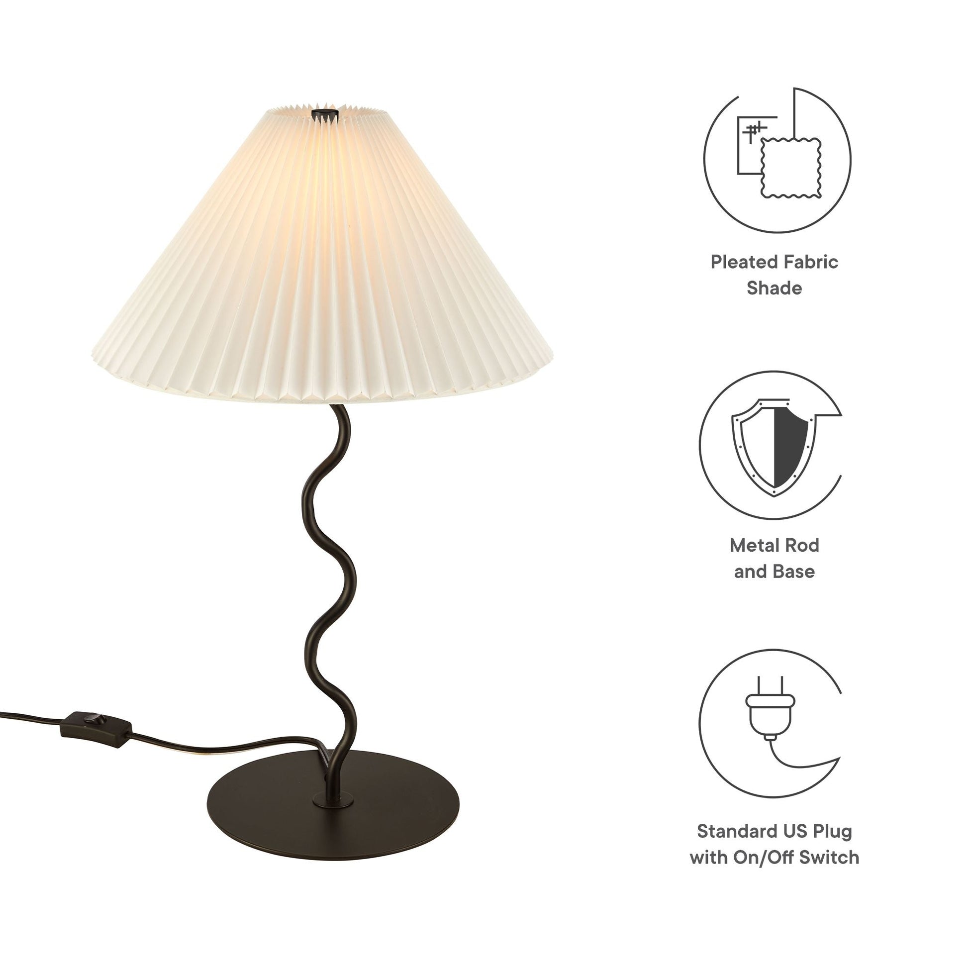 Wave Squiggle Table Lamp with white pleated fabric shade, black metal base, in-line switch on Tampa Home & Garden Store