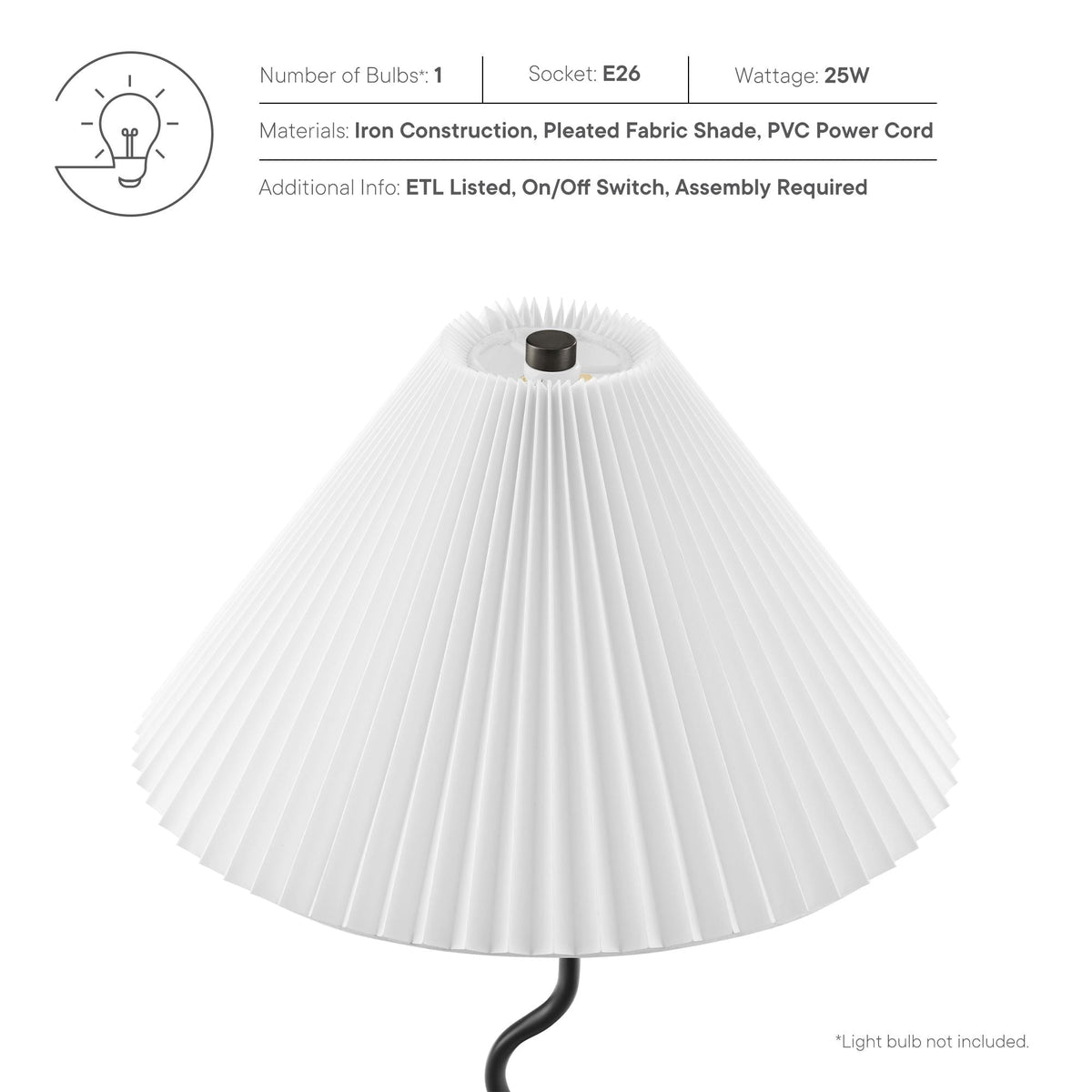 Wave Squiggle Table Lamp by Modway with white pleated fabric shade and curved black stem on Tampa Home & Garden Store