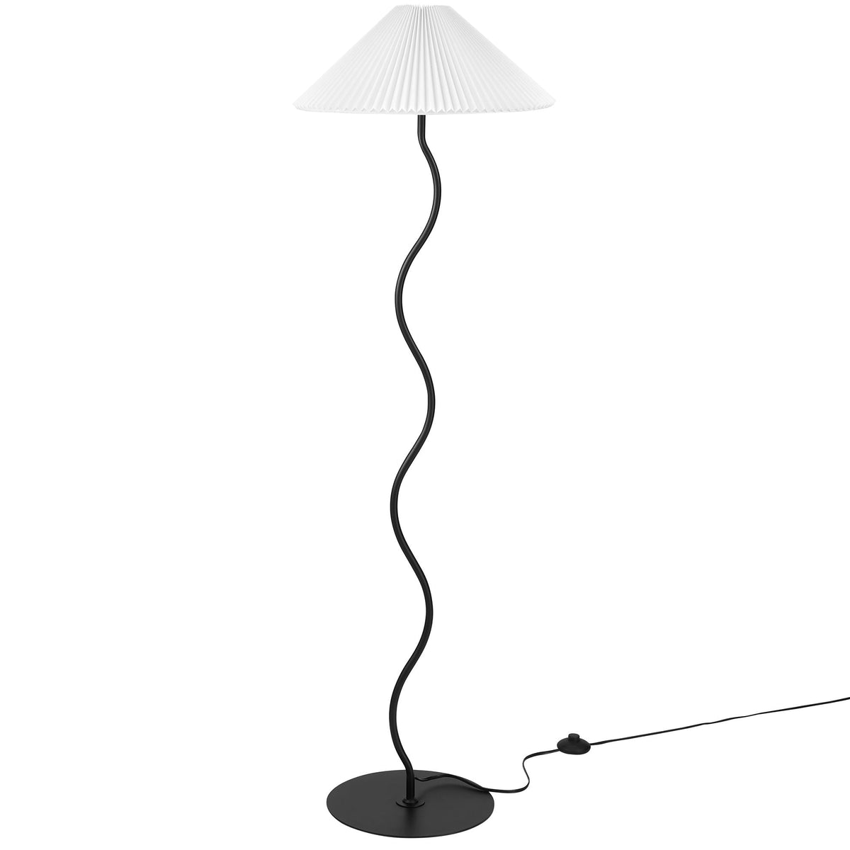 Wave Squiggle Floor Lamp by Modway, white pleated shade on a black curved stem and base on Tampa Home & Garden Store