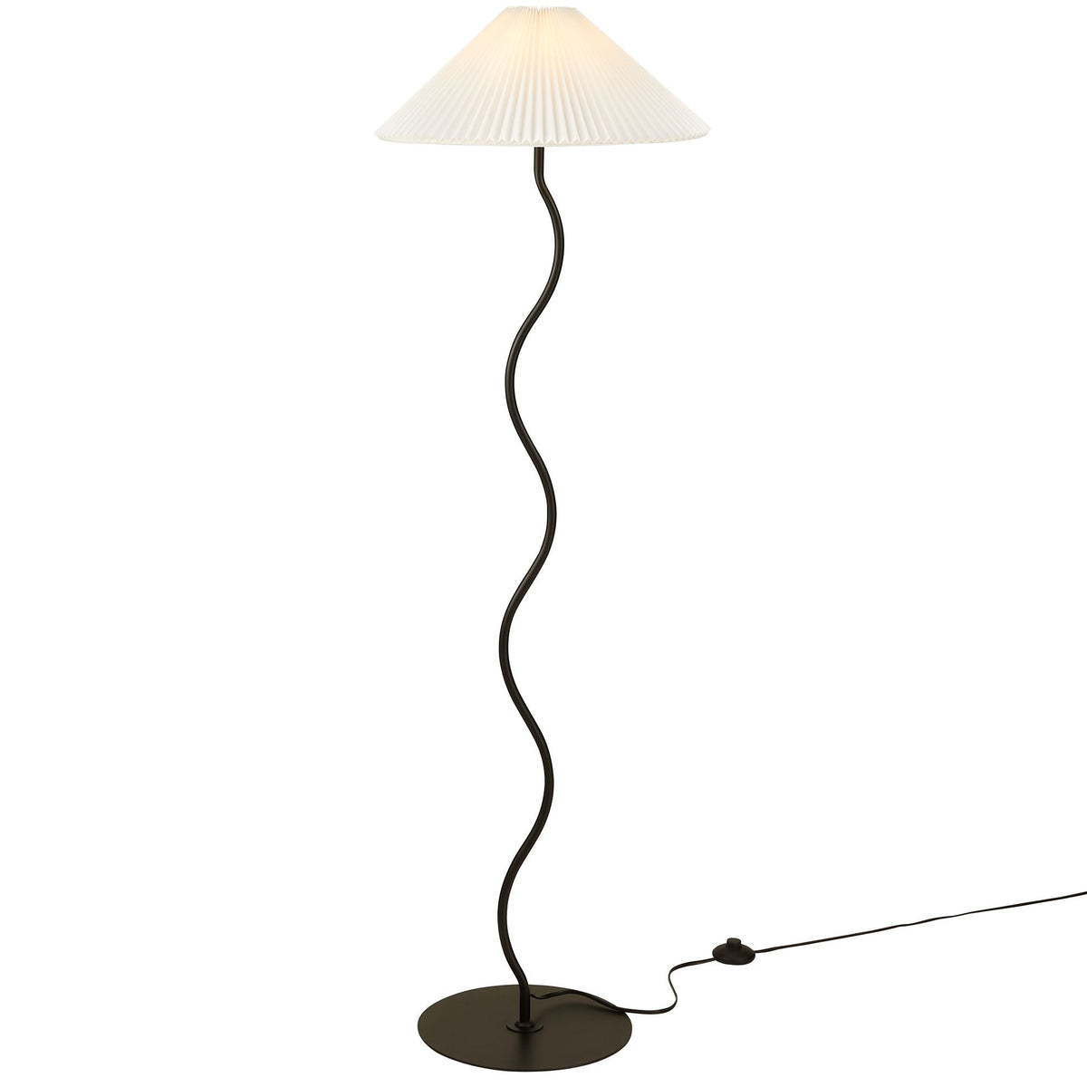 Wave Squiggle floor lamp with white pleated shade on a curved dark bronze stem and round base on Tampa Home & Garden Store
