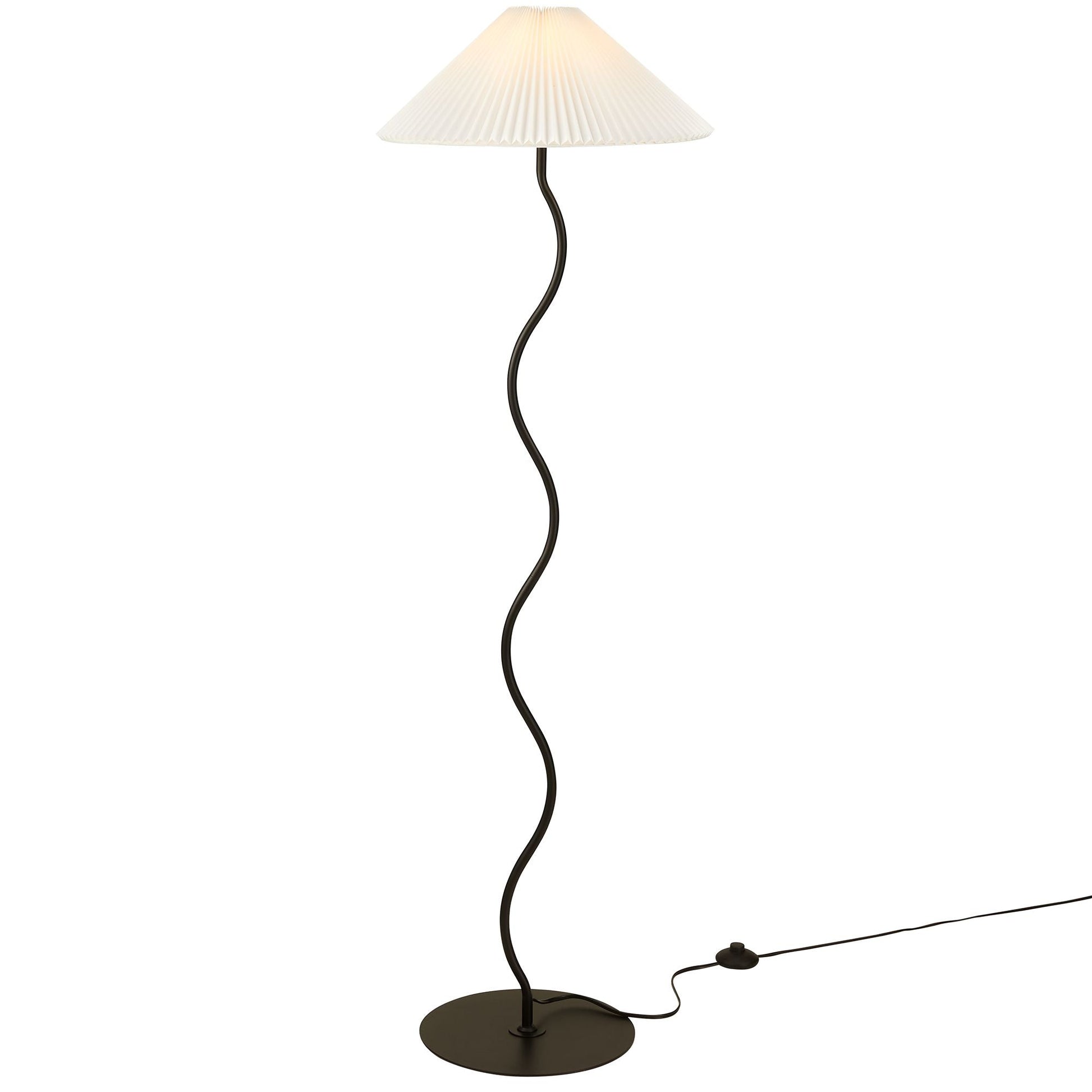 Wave Squiggle floor lamp with white pleated shade on a curved dark bronze stem and round base on Tampa Home & Garden Store