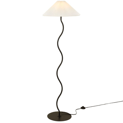 Wave Squiggle floor lamp with white pleated shade on a curved dark bronze stem and round base on Tampa Home & Garden Store
