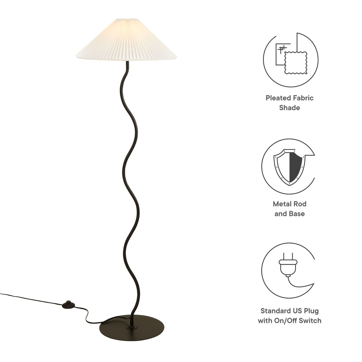 Wave Squiggle Floor Lamp with curved black metal stem and white pleated fabric shade by Modway on Tampa Home & Garden Store