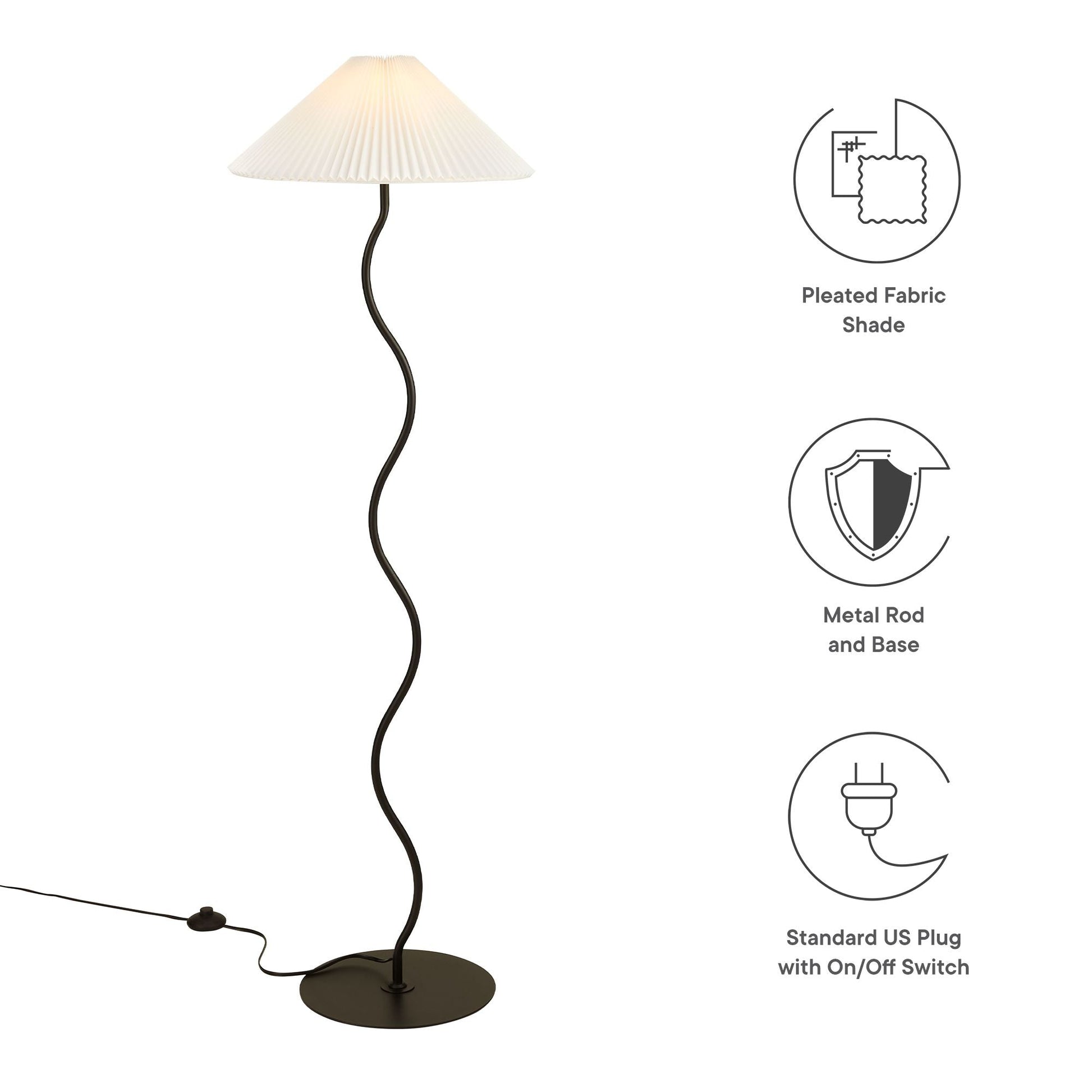 Wave Squiggle Floor Lamp with curved black metal stem and white pleated fabric shade by Modway on Tampa Home & Garden Store