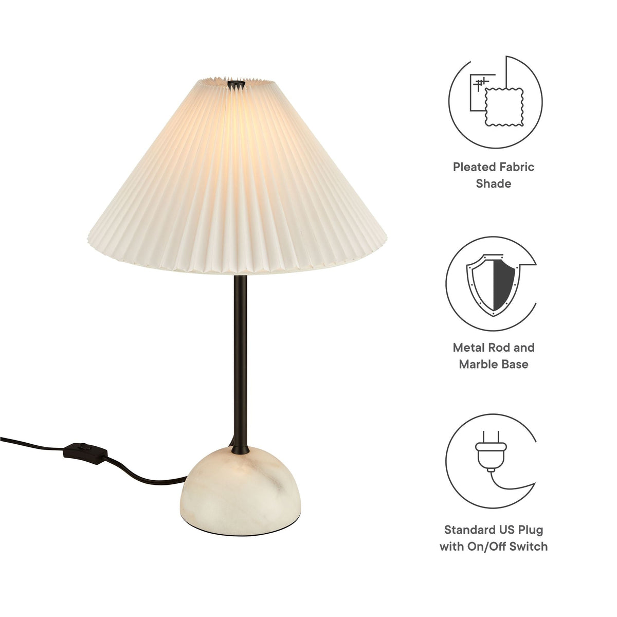 Illusion Marble Dome Table Lamp by Modway, pleated ivory shade, marble base on Tampa Home & Garden Store