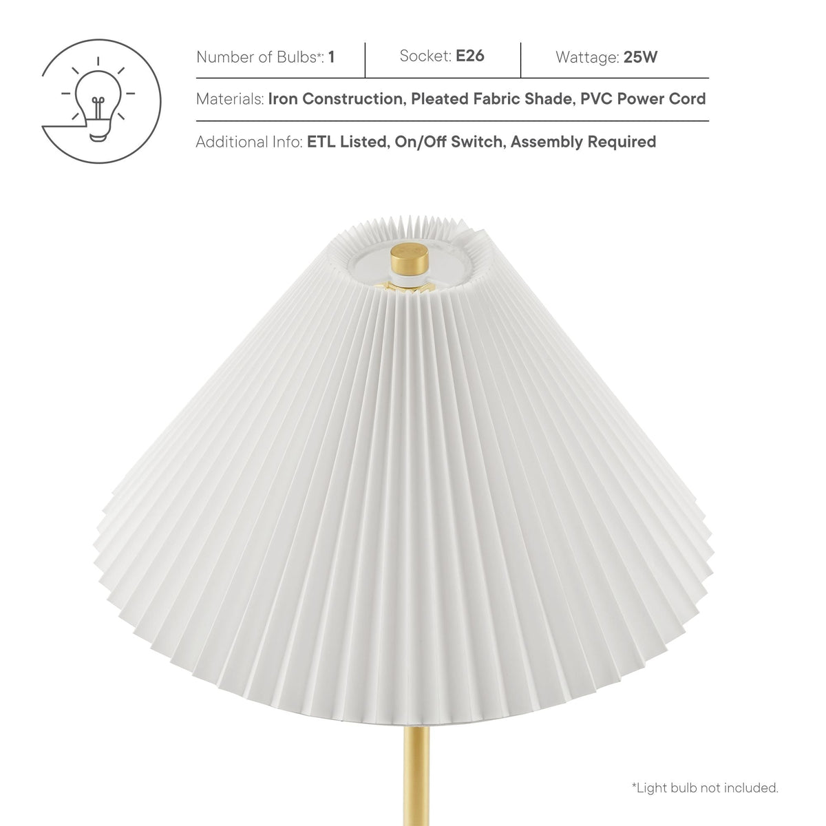 Illusion Marble Dome Table Lamp by Modway, white pleated shade, gold base on Tampa Home & Garden Store