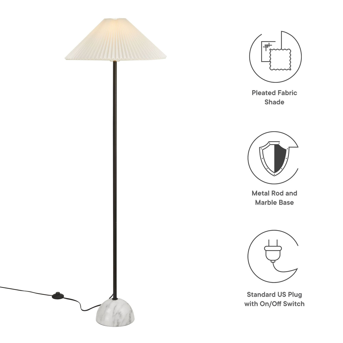 Illusion Marble Dome Floor Lamp Modway with ivory pleated shade, black metal stem, marble base on Tampa Home & Garden Store