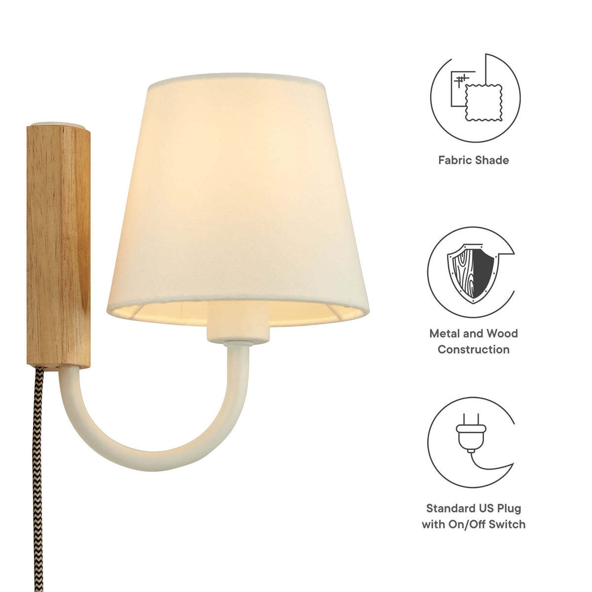 Sunlit Swivel Wall Sconce by Modway with cream fabric shade and natural wood accent on Tampa Home & Garden Store