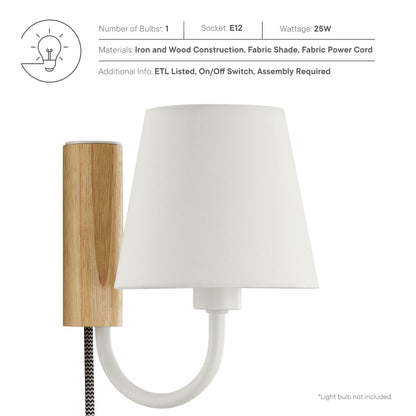 Sunlit Swivel Wall Sconce by Modway with wood post, white fabric shade, braided cord on Tampa Home & Garden Store