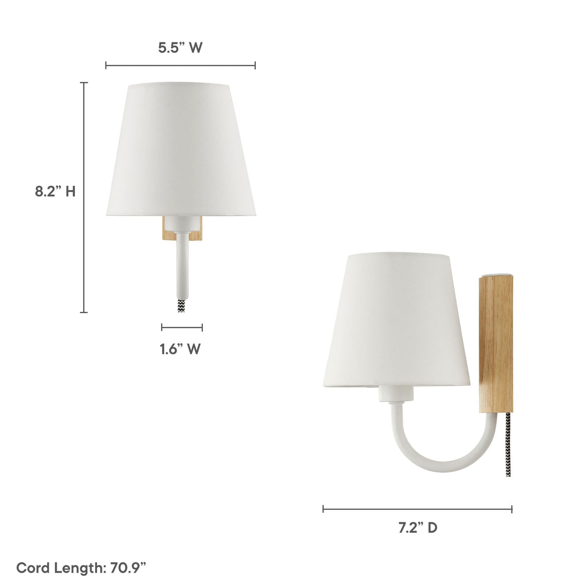Sunlit Swivel Wall Sconce by Modway white fabric shade on metal arm with wood mount corded light on Tampa Home & Garden Store