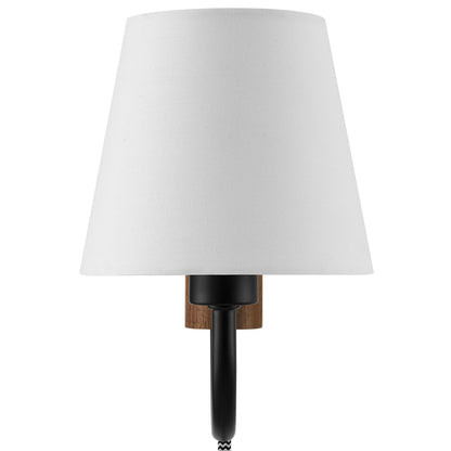 Sunlit Swivel Wall Sconce by Modway white fabric shade, black metal stem, wood accent on Tampa Home & Garden Store