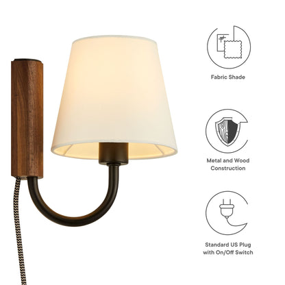 Sunlit Swivel Wall Sconce by Modway, cream fabric shade with dark bronze arm and wooden post on Tampa Home & Garden Store