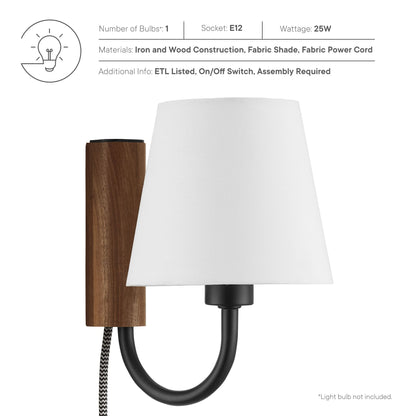 Sunlit Swivel Wall Sconce by Modway with fabric shade, wood post, black metal arm on Tampa Home & Garden Store