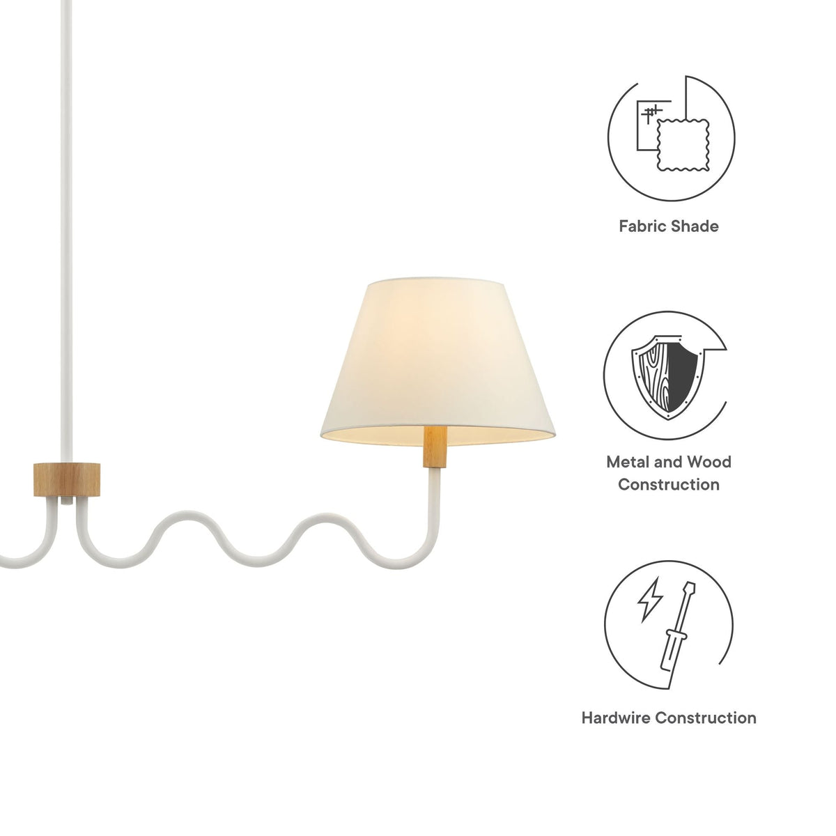 Sunlit Squiggle 2-Arm Pendant Light with white fabric shade and wood accents on Tampa Home & Garden Store