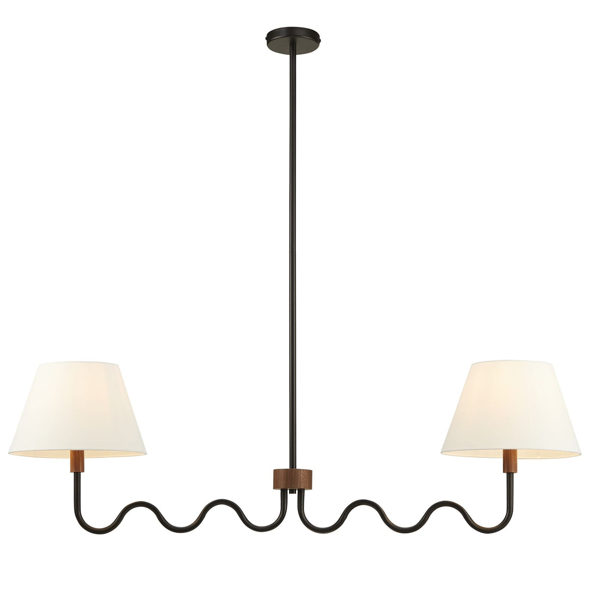 Sunlit Squiggle 2-Arm Pendant Light; black metal stem, fabric shades and squiggle cord on Tampa Home & Garden Store