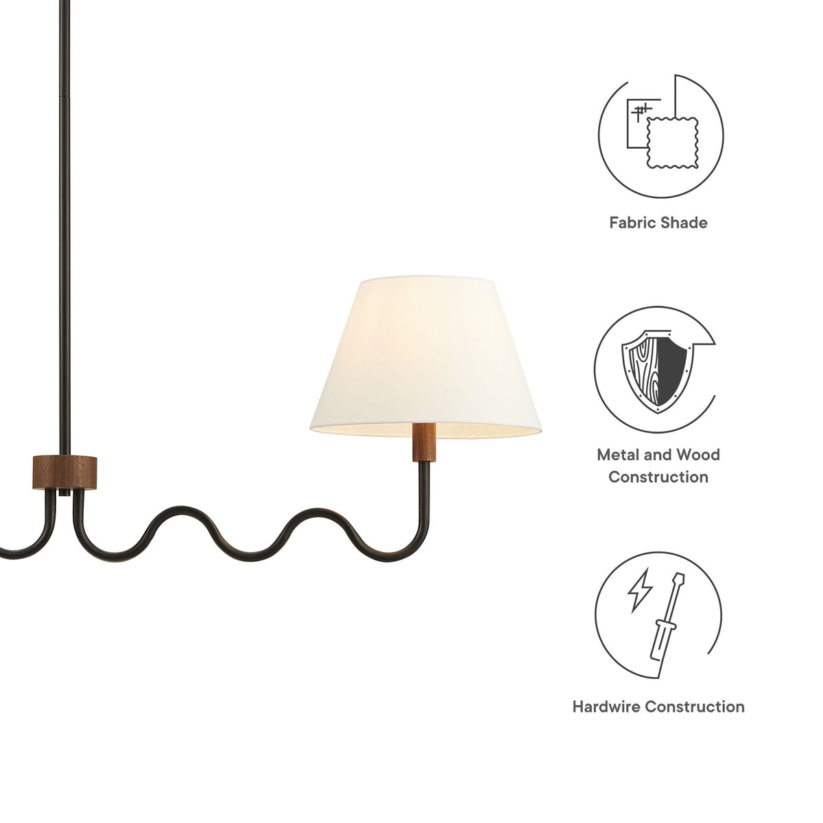 Sunlit Squiggle 2-Arm Pendant Light Modway, black metal stems with wood accents and cream fabric shade on Tampa Home & Garden Store