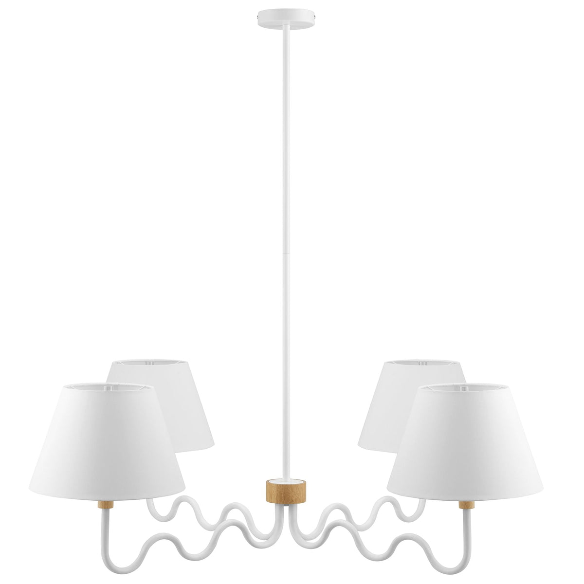 Sunlit Squiggle 4-Arm Pendant Light white shades with curly cord and wood accents by Modway on Tampa Home & Garden Store