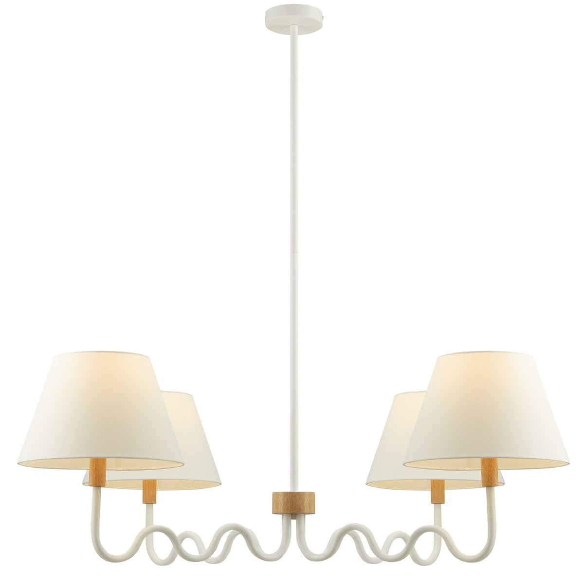 Sunlit Squiggle 4-Arm Pendant Light by Modway, white shades with wood accents and a curly cord on Tampa Home & Garden Store