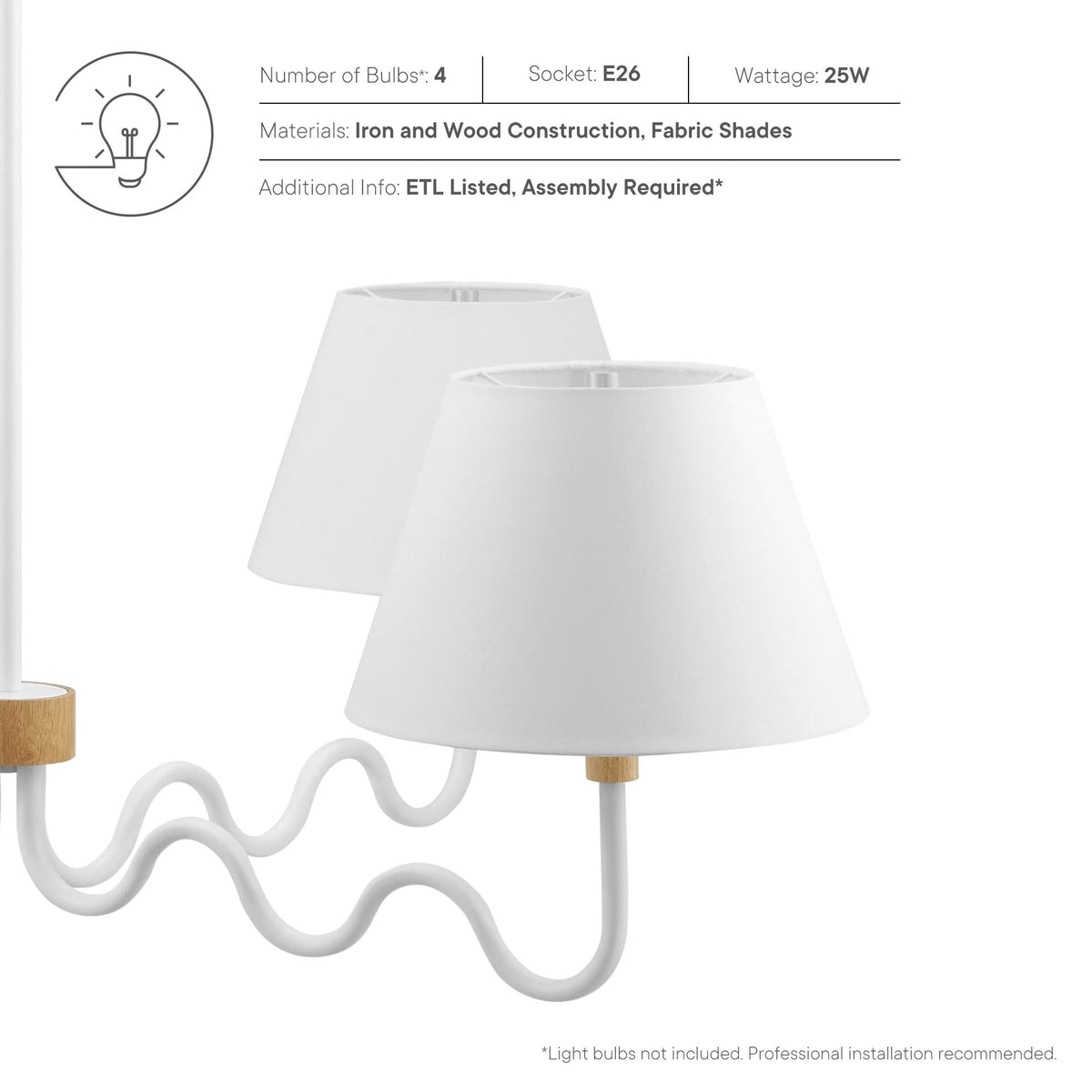 Sunlit Squiggle 4-Arm Pendant Light, white shade with curly cord, wood accents by Modway on Tampa Home & Garden Store