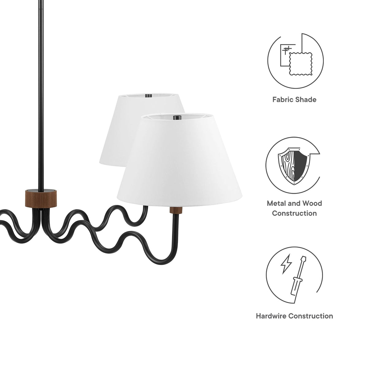Sunlit Squiggle 4-Arm Pendant Light by Modway white fabric shade and black metal squiggle arms on Tampa Home & Garden Store