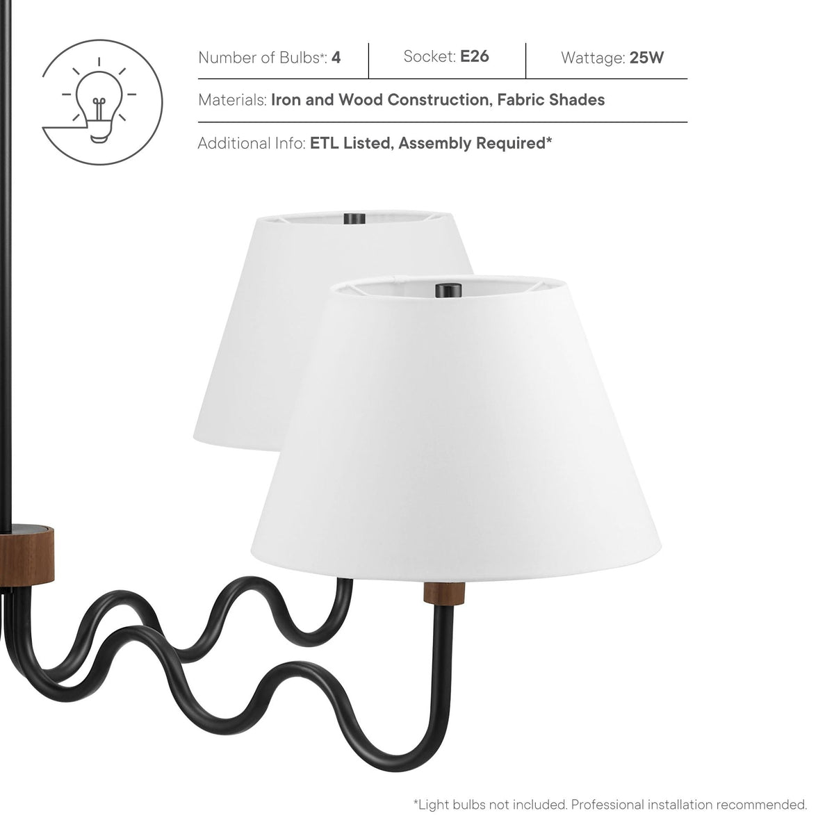 Sunlit Squiggle 4-Arm Pendant Light by Modway, white shades on black metal squiggle arms on Tampa Home & Garden Store