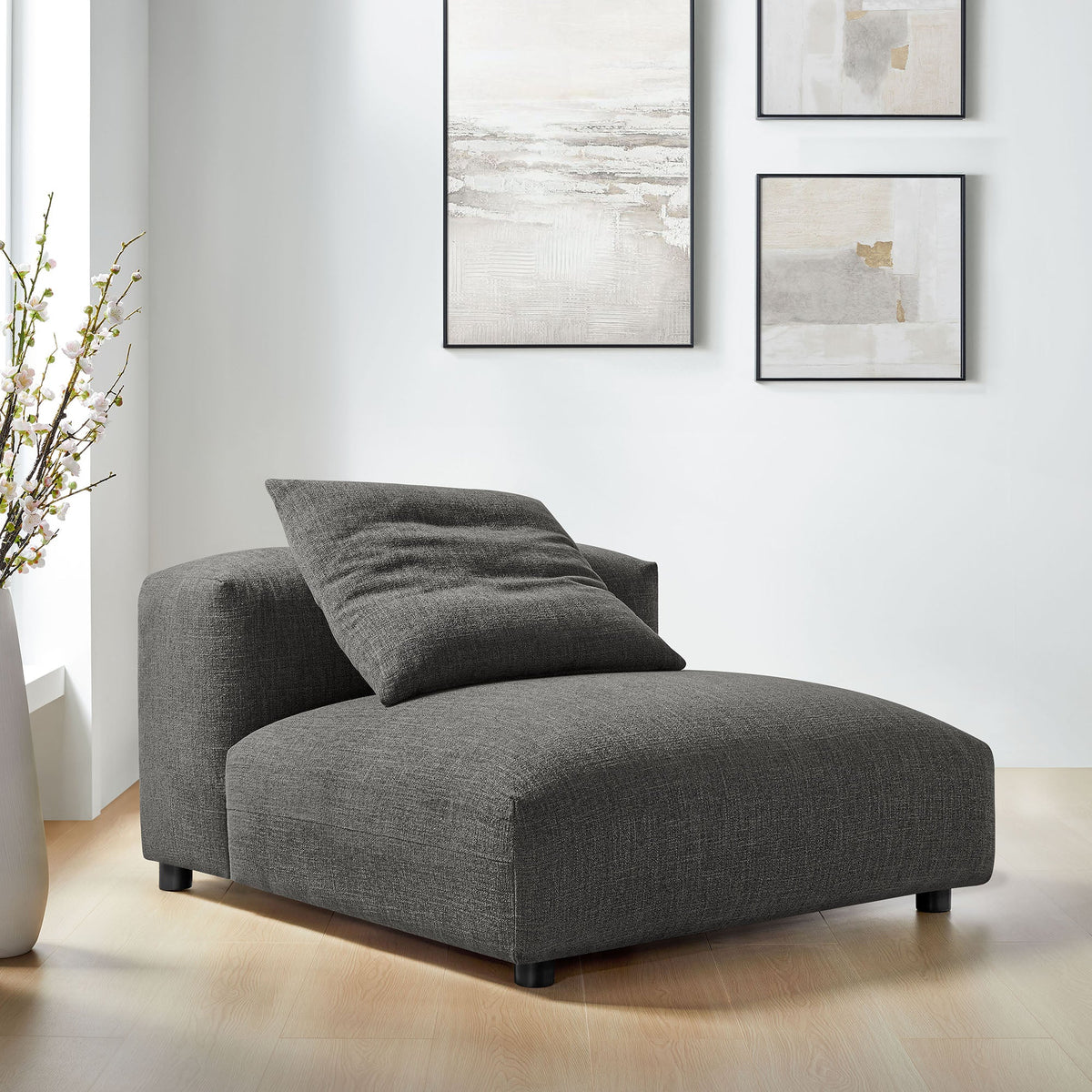 Solace modular armless chair in dark gray textured fabric with two cushions on Tampa Home & Garden Store
