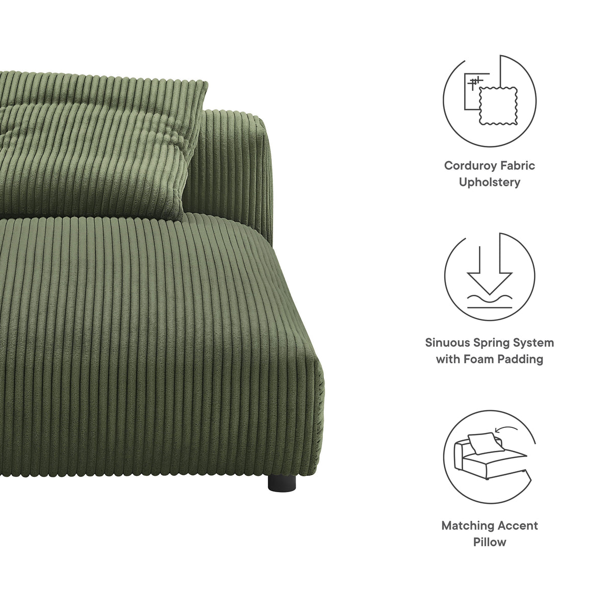 Solace modular armless chaise lounge in olive green corduroy upholstery by HouseOfZazla on Tampa Home & Garden Store