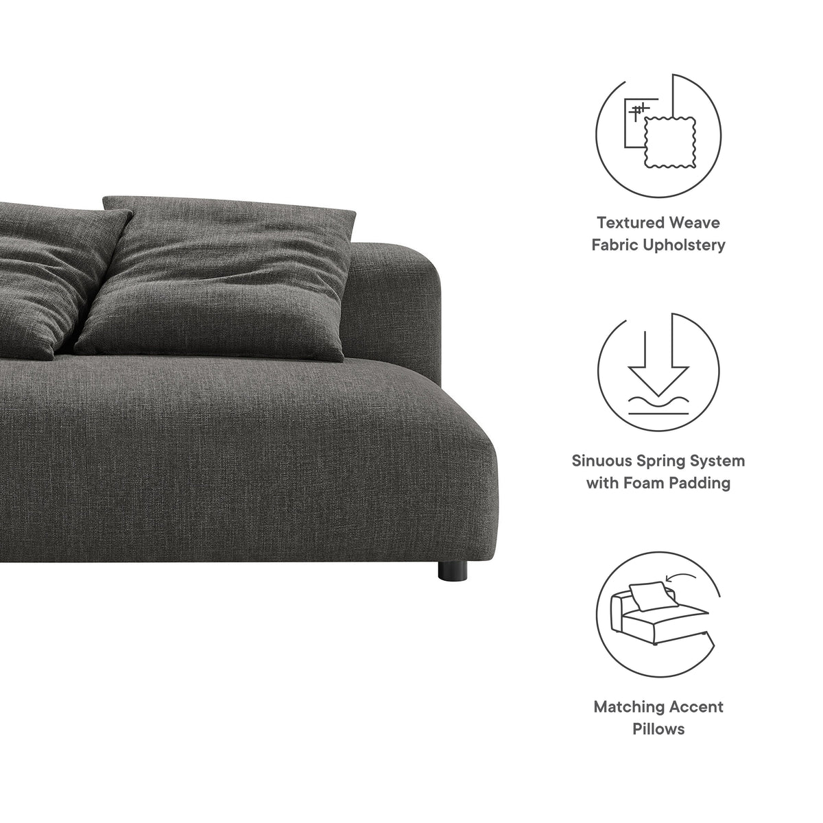 Solace Modular Armless Loveseat in textured charcoal weave fabric with plush cushions on Tampa Home & Garden Store