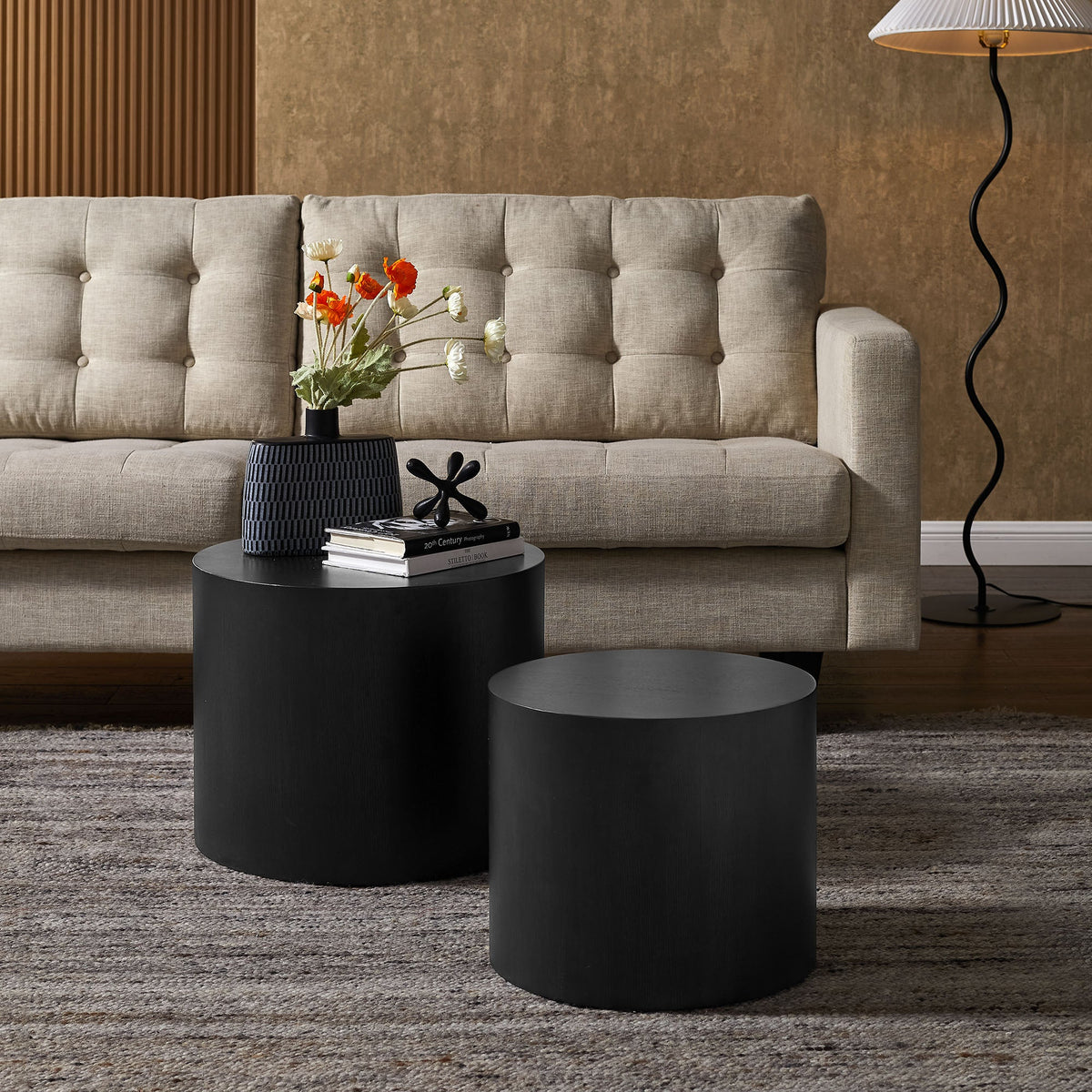 Amani Round Nesting Coffee Tables set of 2 by Modway, black bases in a contemporary living room on Tampa Home & Garden Store