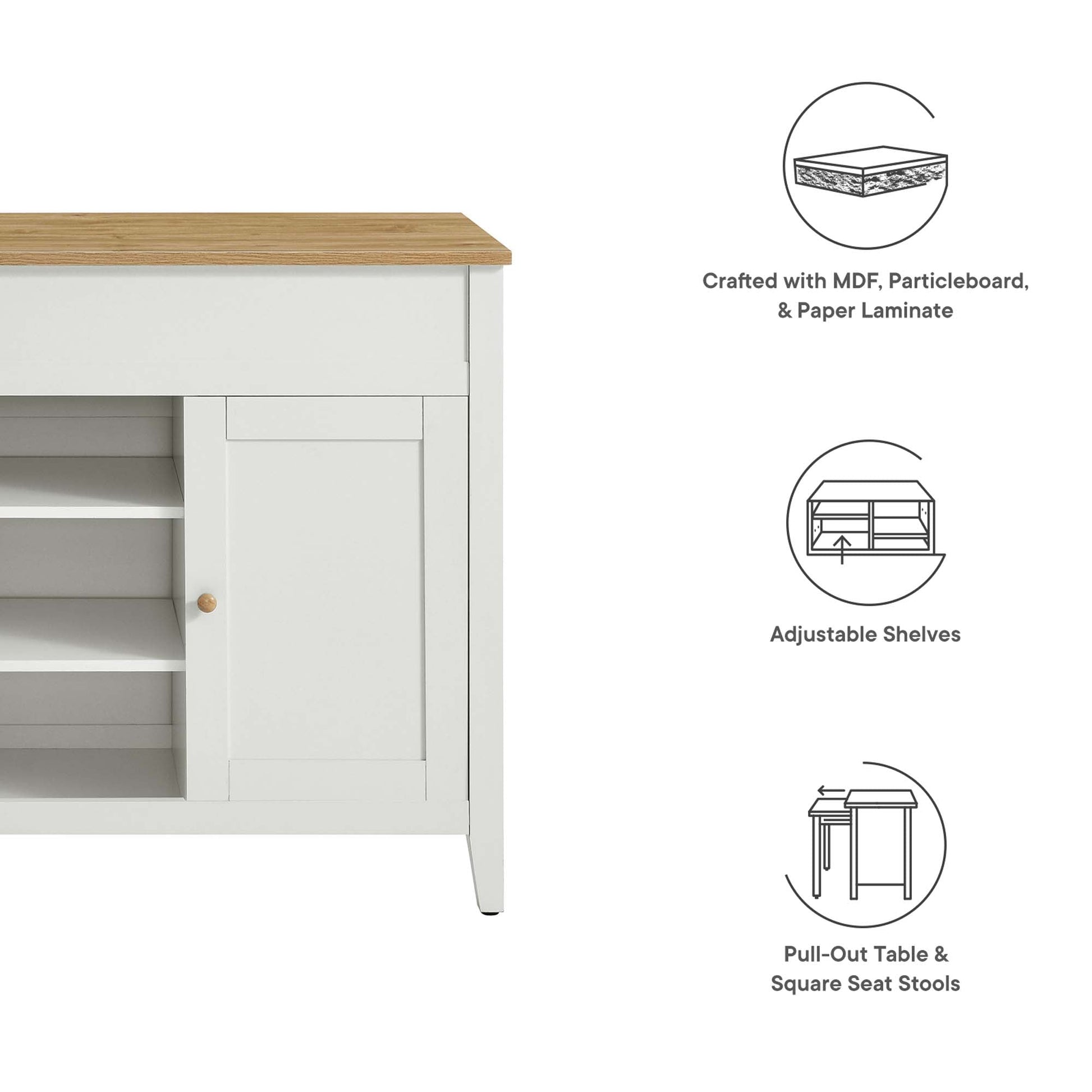 Garland 3-Piece Kitchen Island and Stool Set by Modway, natural wood top on a light gray base on Tampa Home & Garden Store