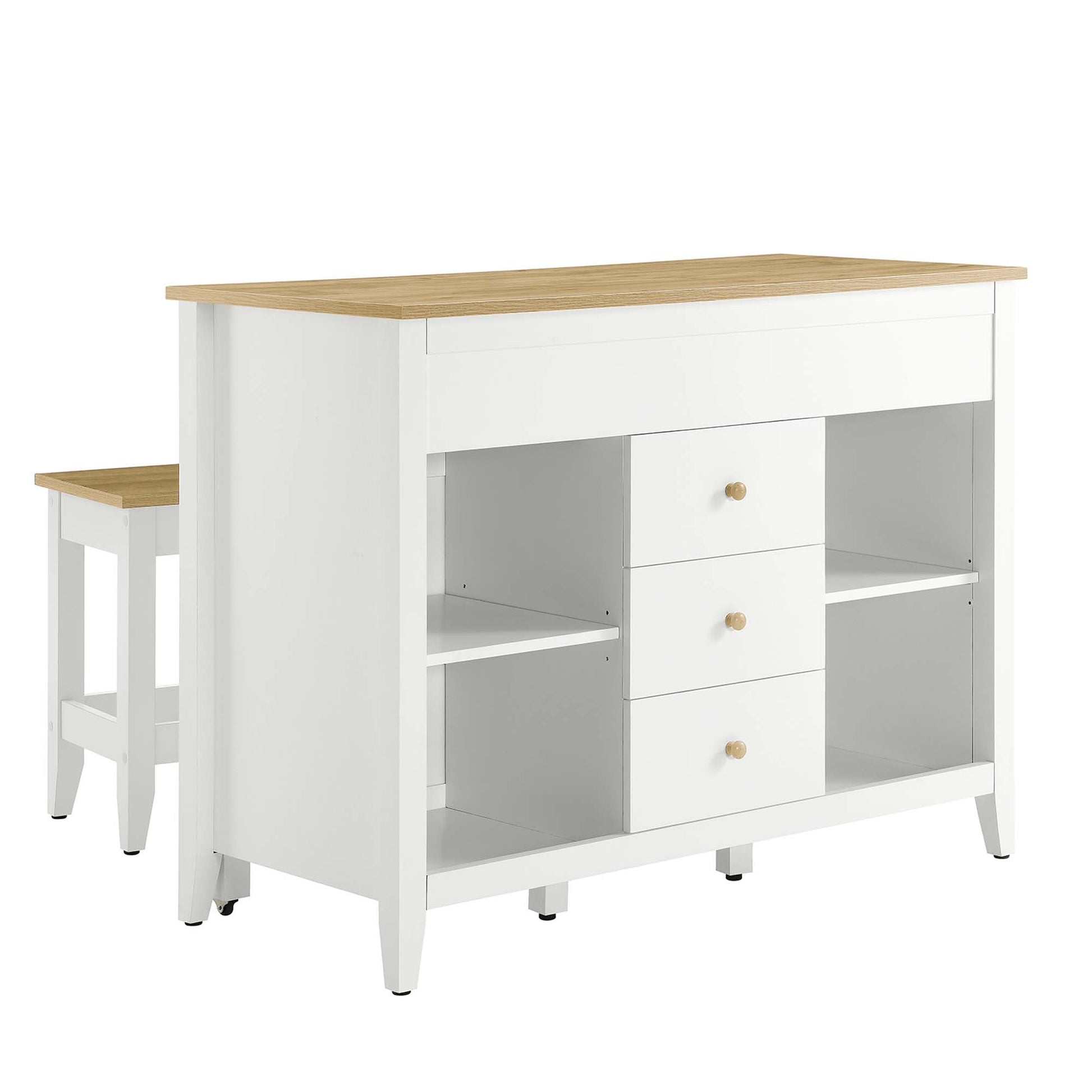 Farmstead 3-Piece Kitchen Island and Stool Set white base with natural wood top and two stools on Tampa Home & Garden Store