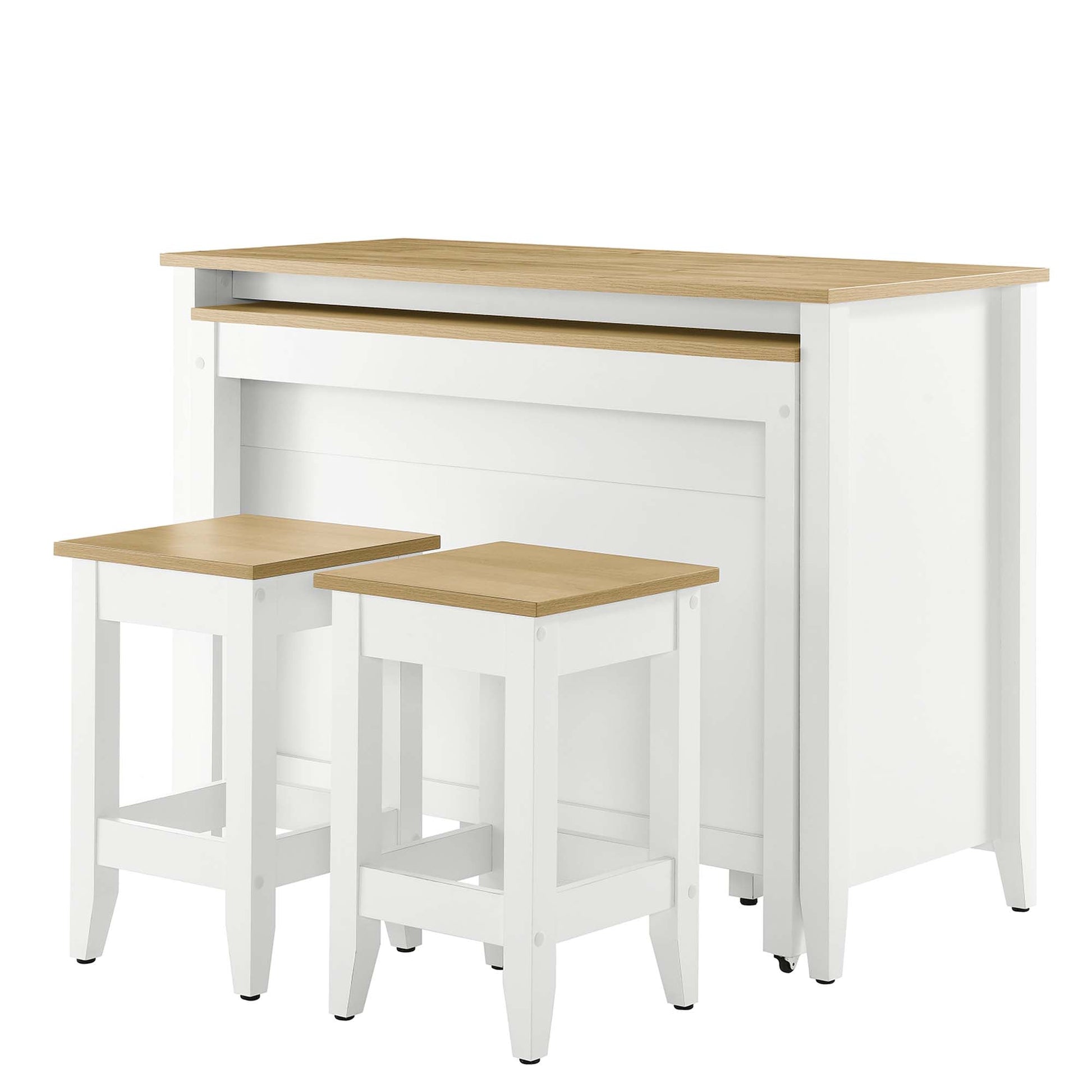 Farmstead 3-Piece Kitchen Island and Stool Set white base with wood top two stools HouseOfZazla on Tampa Home & Garden Store