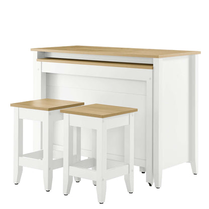 Farmstead 3-Piece Kitchen Island and Stool Set white base with wood top two stools HouseOfZazla on Tampa Home & Garden Store