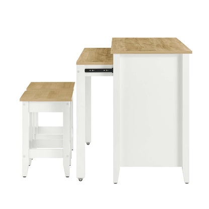 Farmstead 3-Piece Kitchen Island and Stool Set with natural oak tops and white frames on Tampa Home & Garden Store
