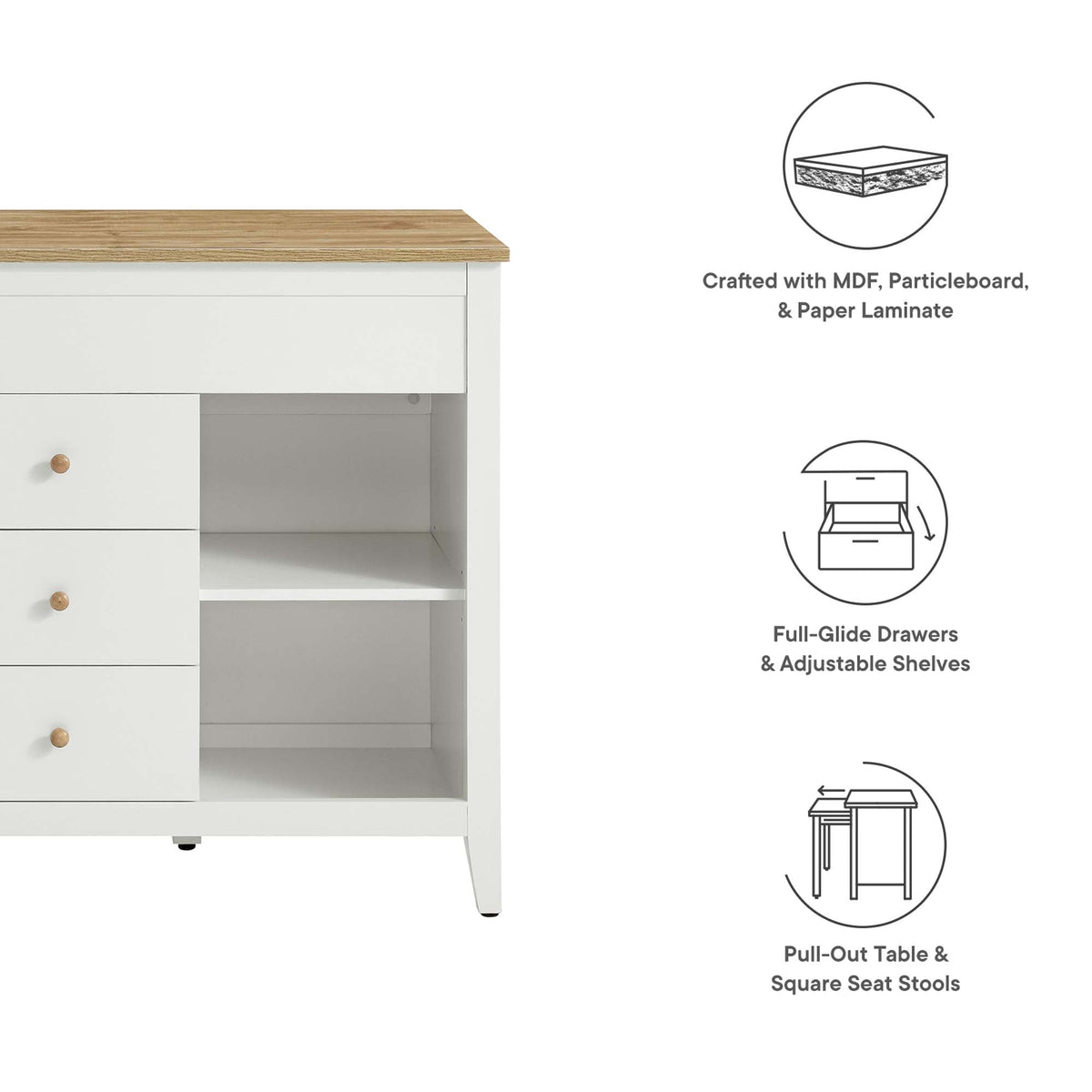 Farmstead 3-Piece Kitchen Island and Stool Set by Modway, white base with natural wood top on Tampa Home & Garden Store