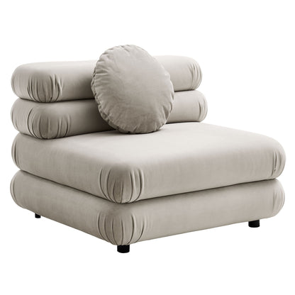 Jubilee modular armless chair in beige velvet; stacked cushions with round pillow on Tampa Home & Garden Store