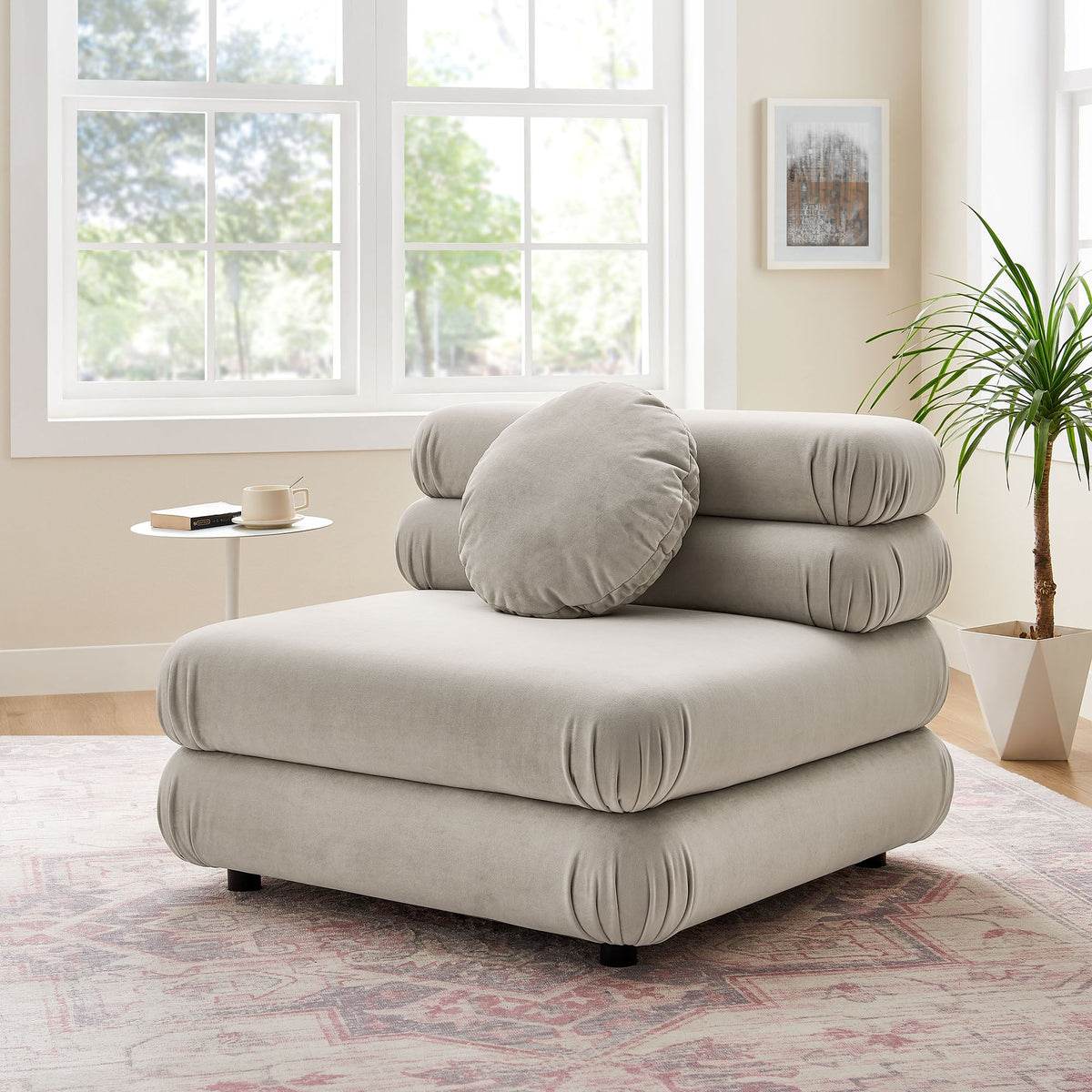 Jubilee modular armless velvet chair by Modway in light gray with rounded cushion modules on Tampa Home & Garden Store