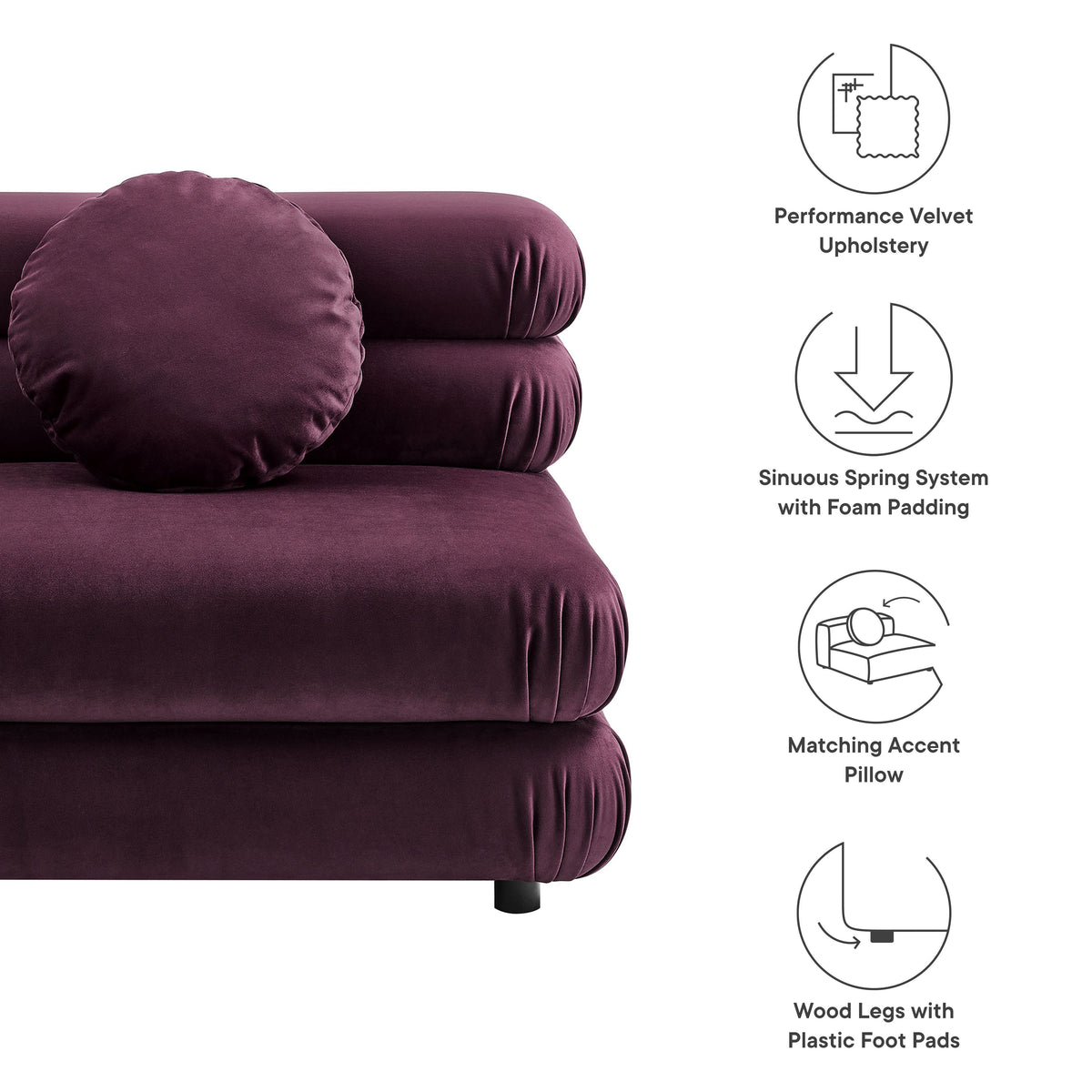 Jubilee Modular Performance Velvet Armless Chair in burgundy velvet with matching bolster pillow by Modway on Tampa Home & Garden Store