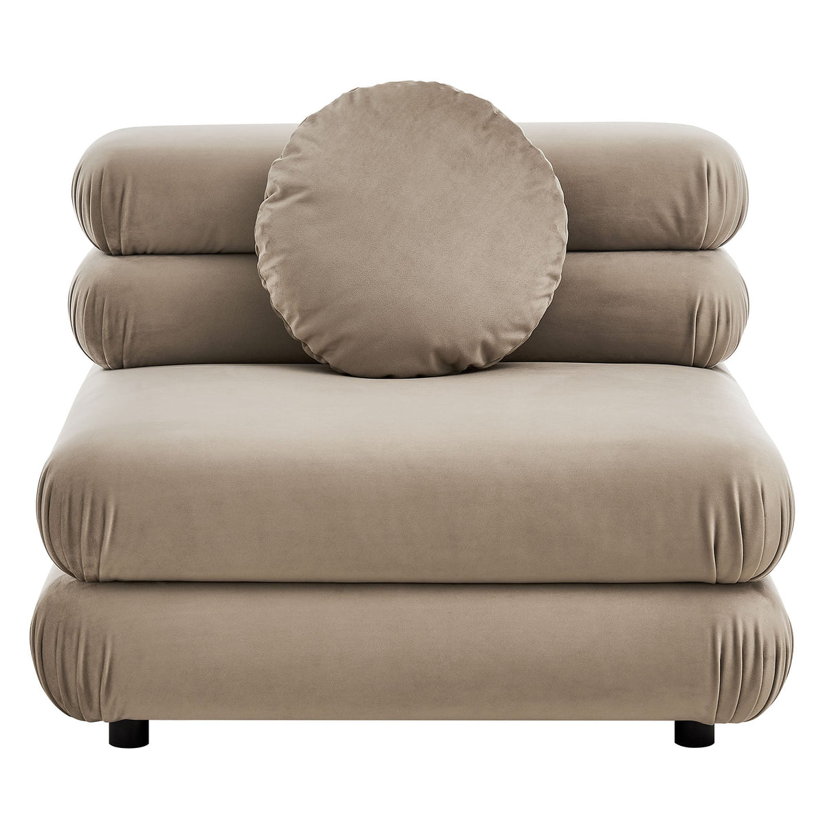 Jubilee modular armless chair in taupe velvet with round back pillow and black legs on Tampa Home & Garden Store
